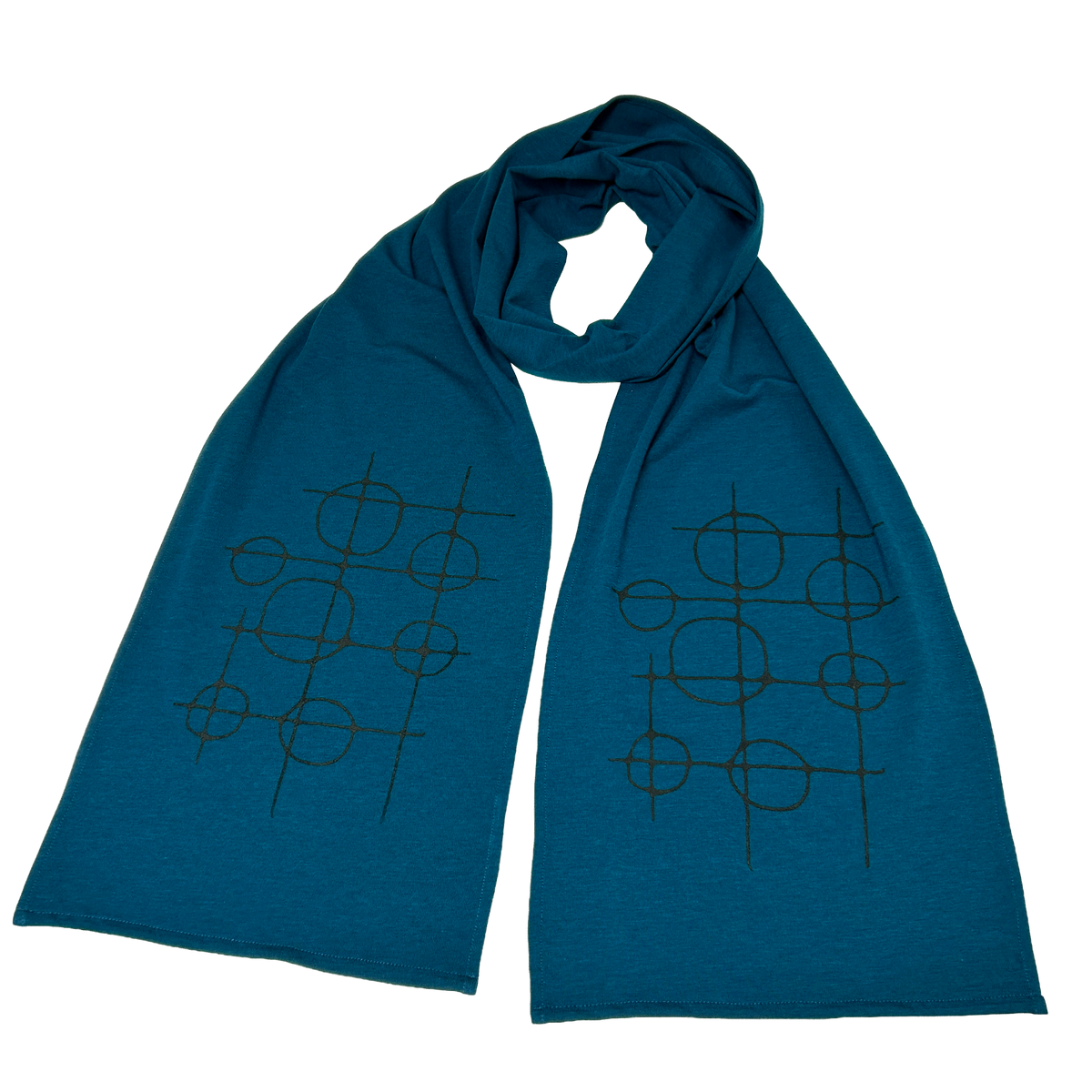 A teal blue knit scarf with a black geometric grid and circle pattern printed on both ends, displayed against a solid white background.