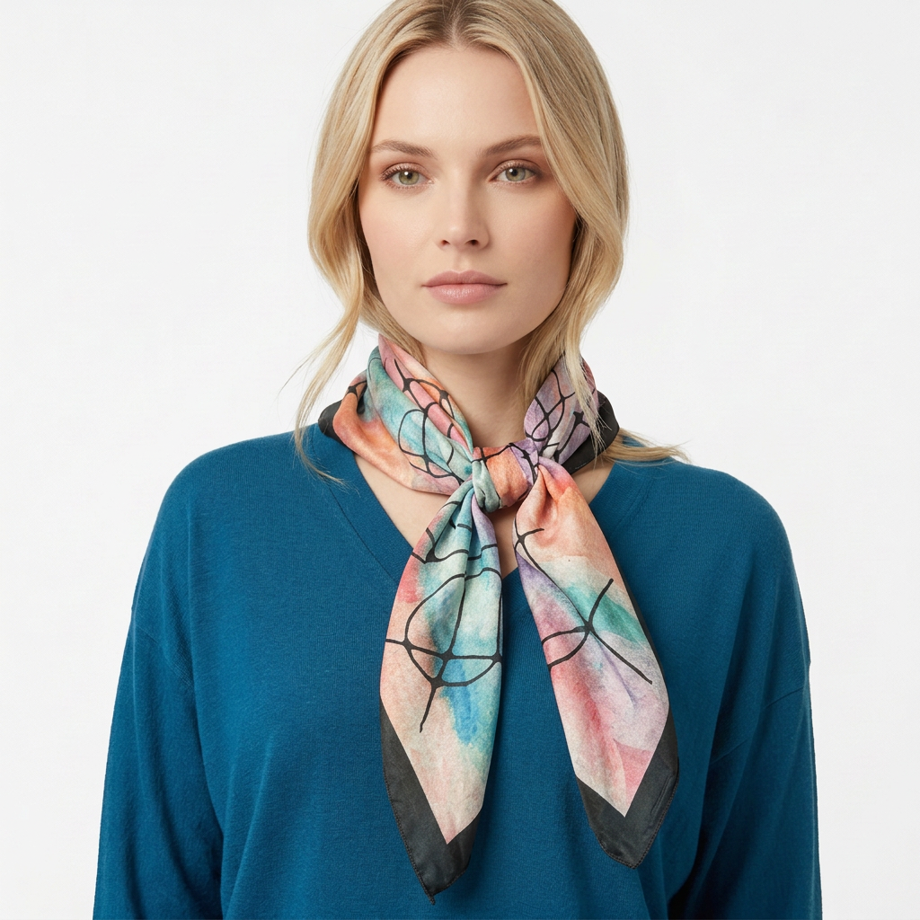 Silk Scarf Square - Water Colour Bubble and Lines