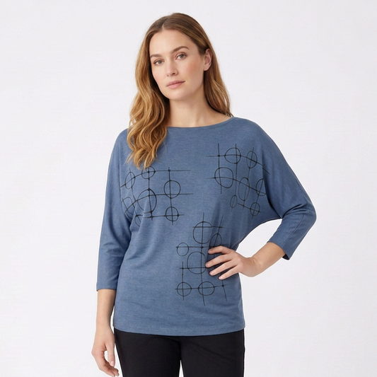 OCOBA Solid Dolman Top with Bubble and Lines Print