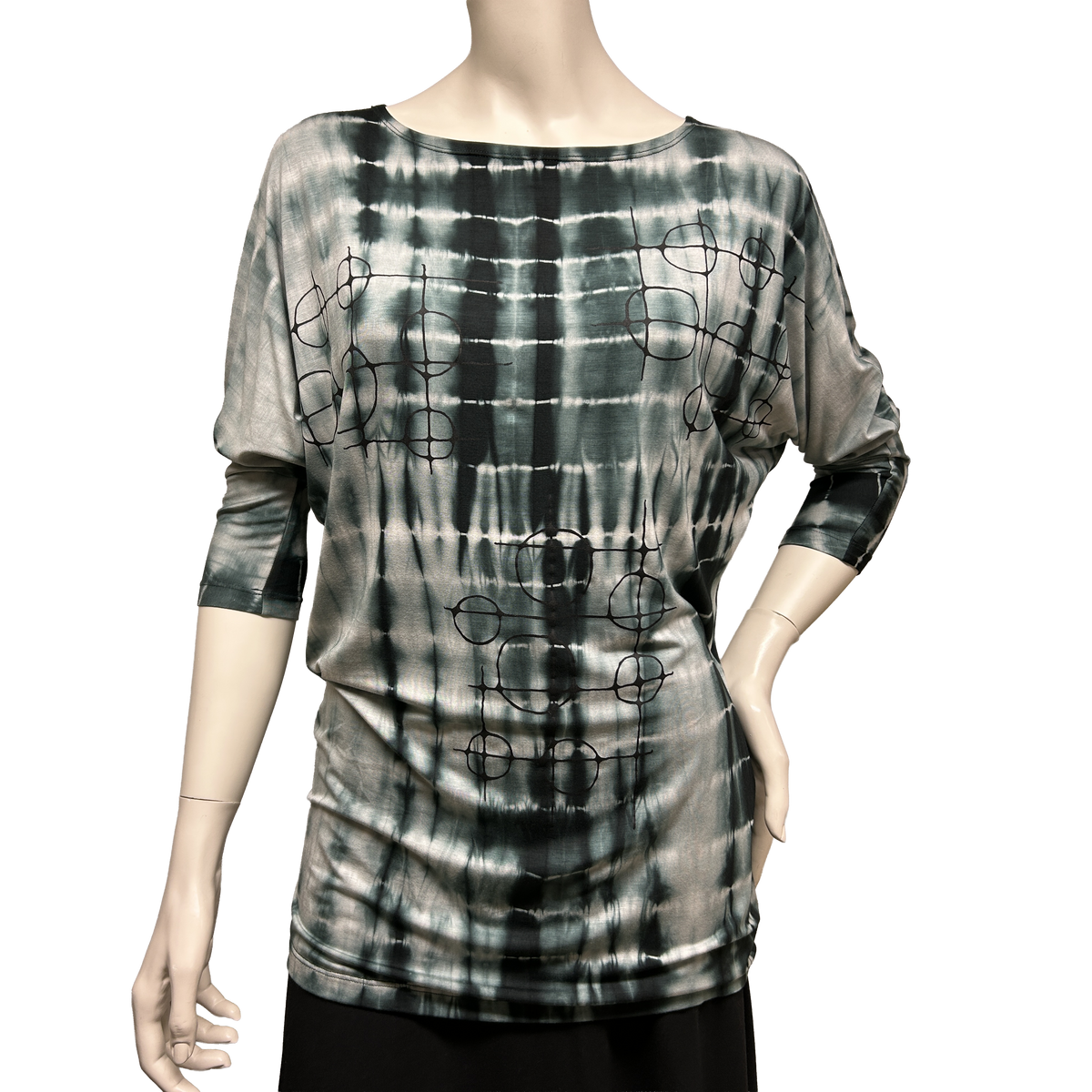 Bamboo Shibori Print Dolman Tunic Top with overprint