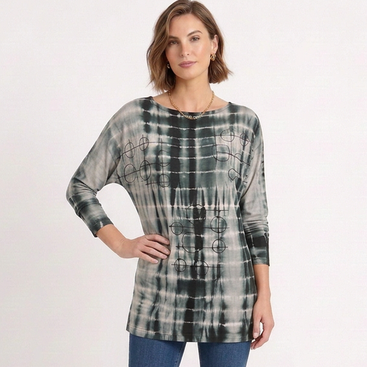 Bamboo Shibori Print Dolman Tunic Top with overprint